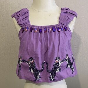 Queen of Sparkles Lion Sequin Gems Fun Statement Unique Ruched Sleeves Crop Top
